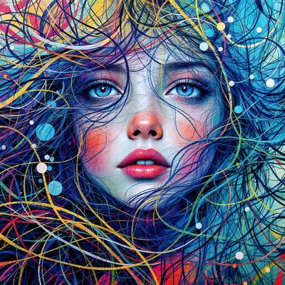 The primary subject of the image is a woman with long hair and a pink lipstick. She is wearing a pink lipstick and has a blue eye. The setting is a colorful background with a mix of blue, yellow, and red colors. The visual style is a digital art or illustration, creating a vibrant and lively atmosphere. The colors and mood of the image are energetic and lively, with the woman's pink lipstick and blue eye standing out against the colorful background.